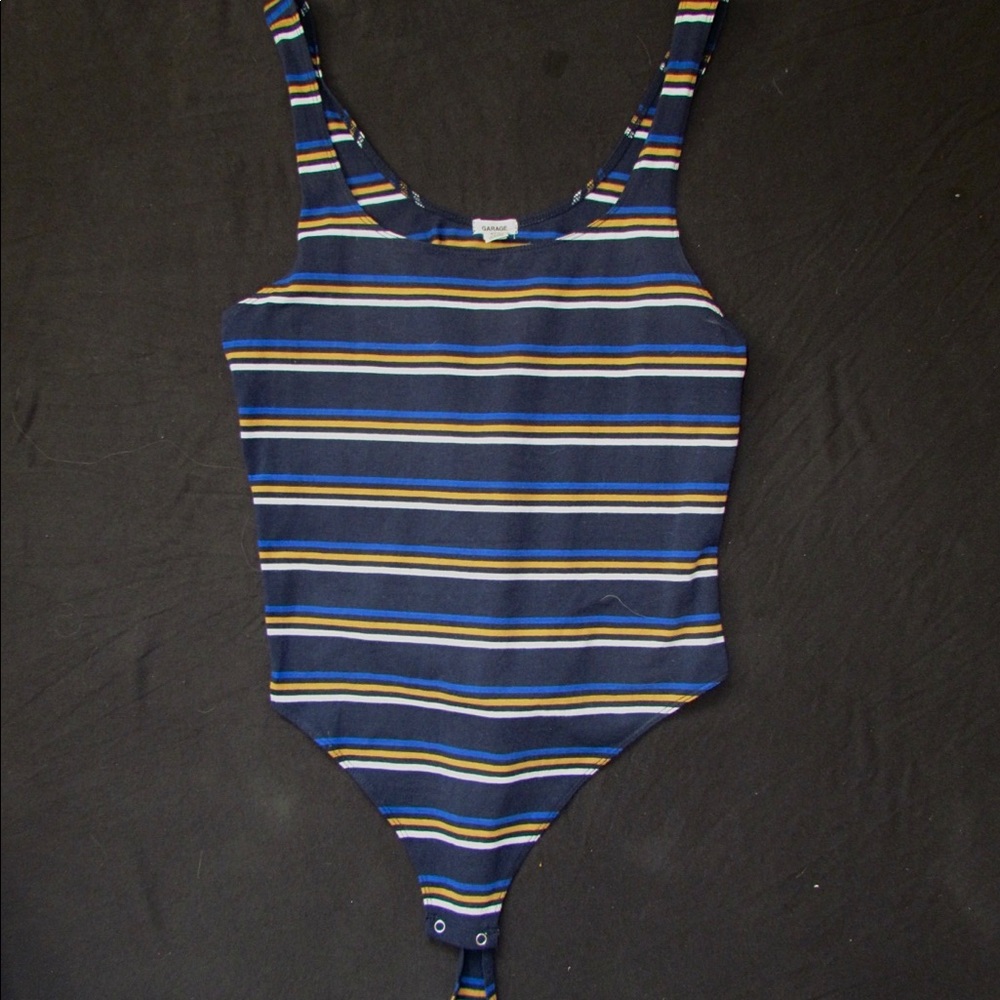 Garage blue, yellow, and white striped bodysuit